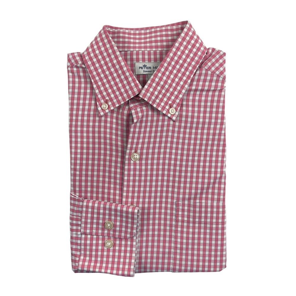 Peter Millar Light Red White Summer Comfort Checked Mens Button Front Size Small